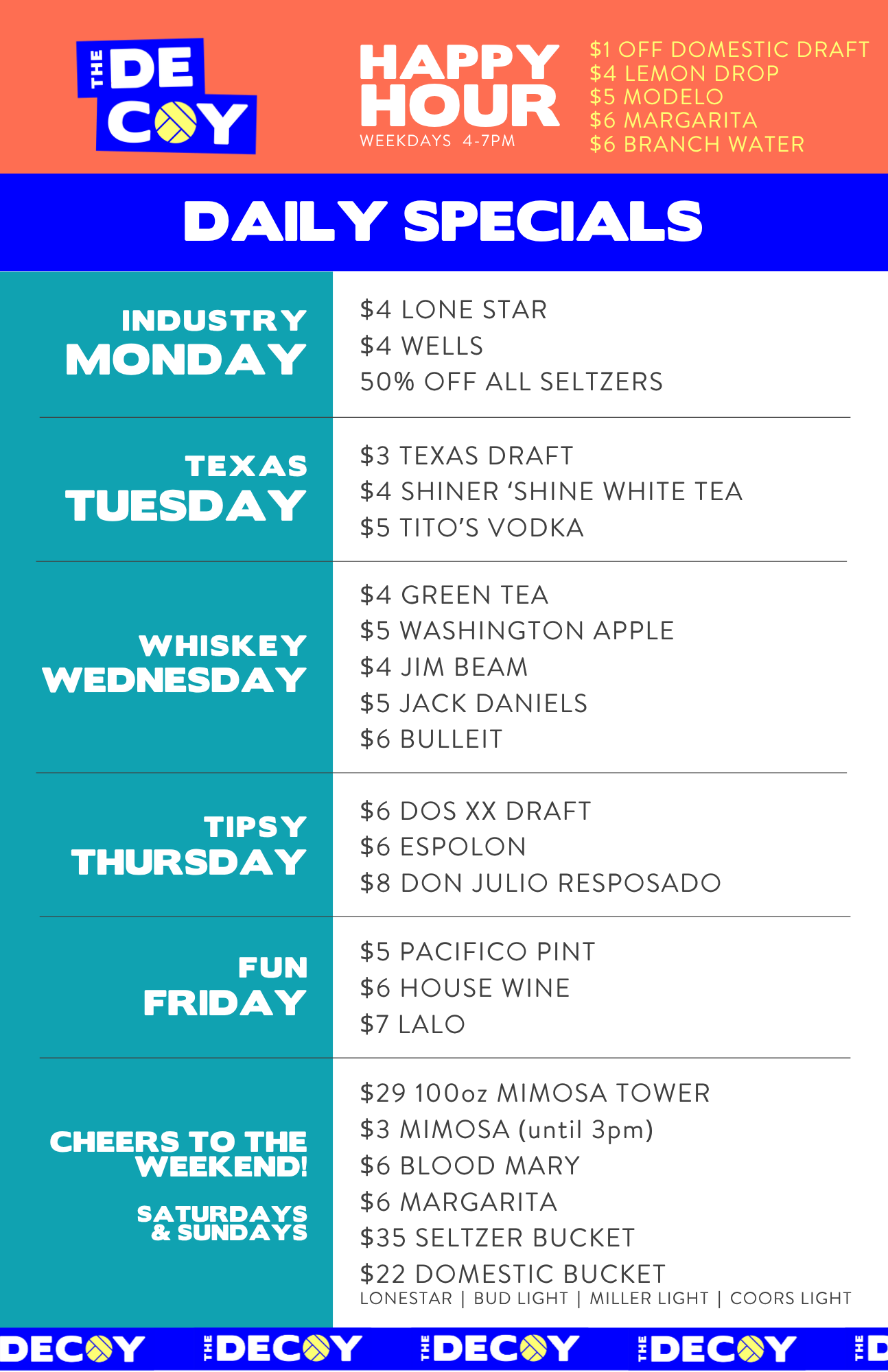 Decoy HTX Daily Drink Specials & Happy Hour